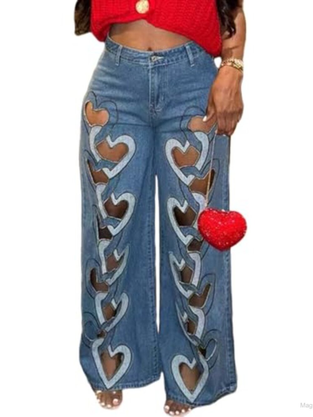 Womens Ripped Jeans Heart Cutout Baggy High Rise Stretch Denim Pants